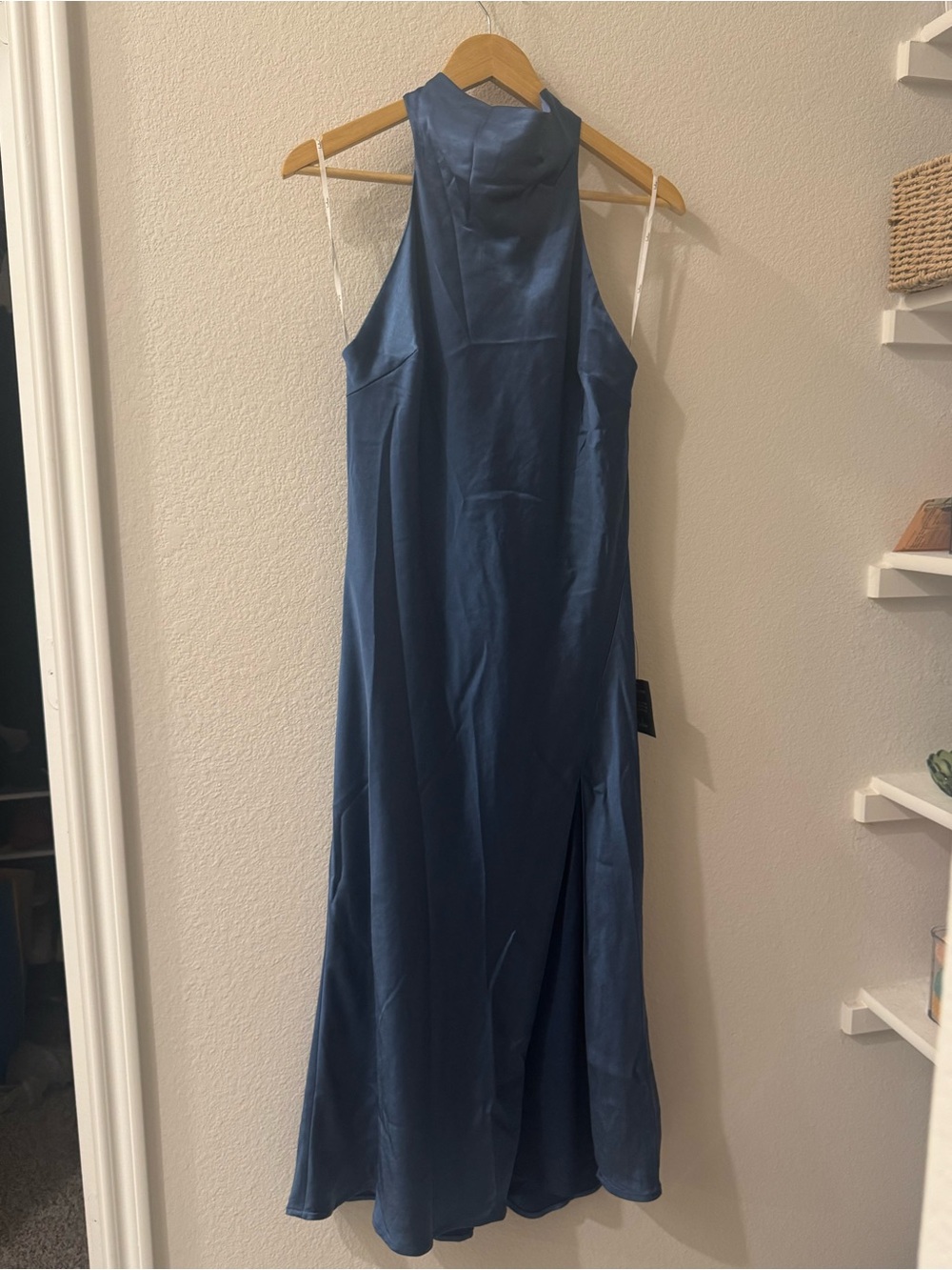 Exceptional Status Blue Halter Backless Slip Midi Dress